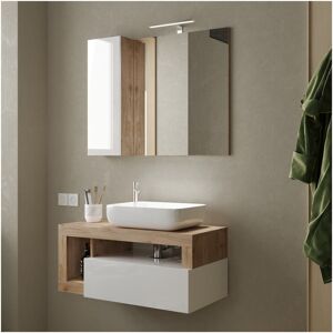 Tousmesmeubles Meuble sous-vasque suspendu 110 cm Chene naturel + vasque + miroir led - ISCHIA - L 110 x l 49 x H 47 cm