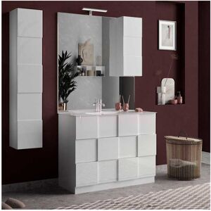 Tousmesmeubles Meuble sous-vasque 100 cm Laqué Blanc brillant + vasque + miroir led + colonne - TICATO - L 101 x l 45 x H 86 cm