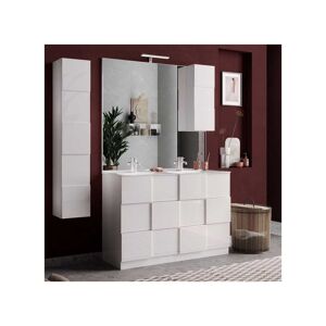 Tousmesmeubles Meuble sous-vasque 120 cm Laqué Blanc brillant + vasque + miroir led + colonne - TICATO - L 122 x l 45 x H 86 cm