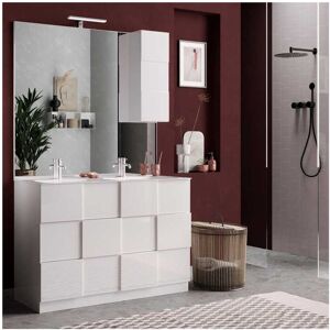 Tousmesmeubles Meuble sous-vasque 120 cm Laqué Blanc brillant + vasque + miroir led + colonnes - TICATO - L 122 x l 45 x H 86 cm