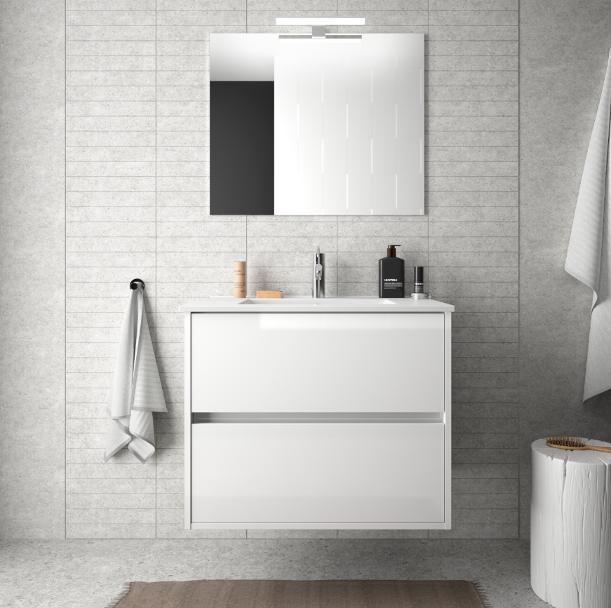 CAESAROO Meuble de salle de bain suspendu 70 cm blanc laque avec lavabo en porcelaine   Avec colonne, miroir et lampe LED