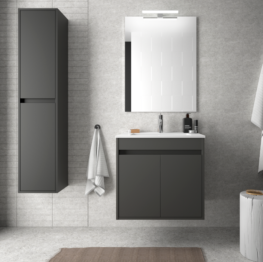 CAESAROO Meuble de salle de bain suspendu 60 cm gris opaque avec deux portes   Avec colonne