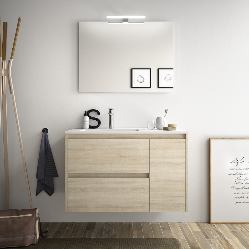 CAESAROO Meuble de salle de bain suspendu 85 cm marron Caledonia avec lavabo en porcellain à encastrer   Avec miroir et lampe LED