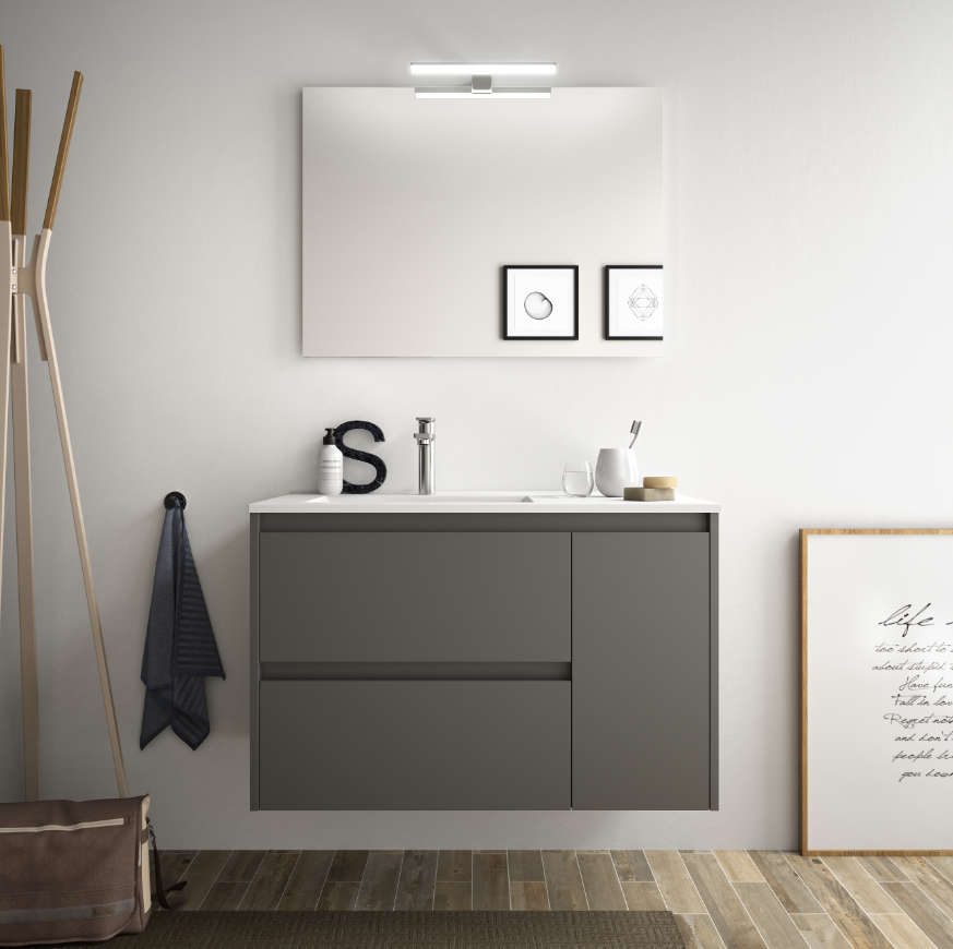 CAESAROO Meuble de salle de bain suspendu 85 cm gris opaque avec lavabo en porcellain à encastrer   Avec miroir et lampe LED