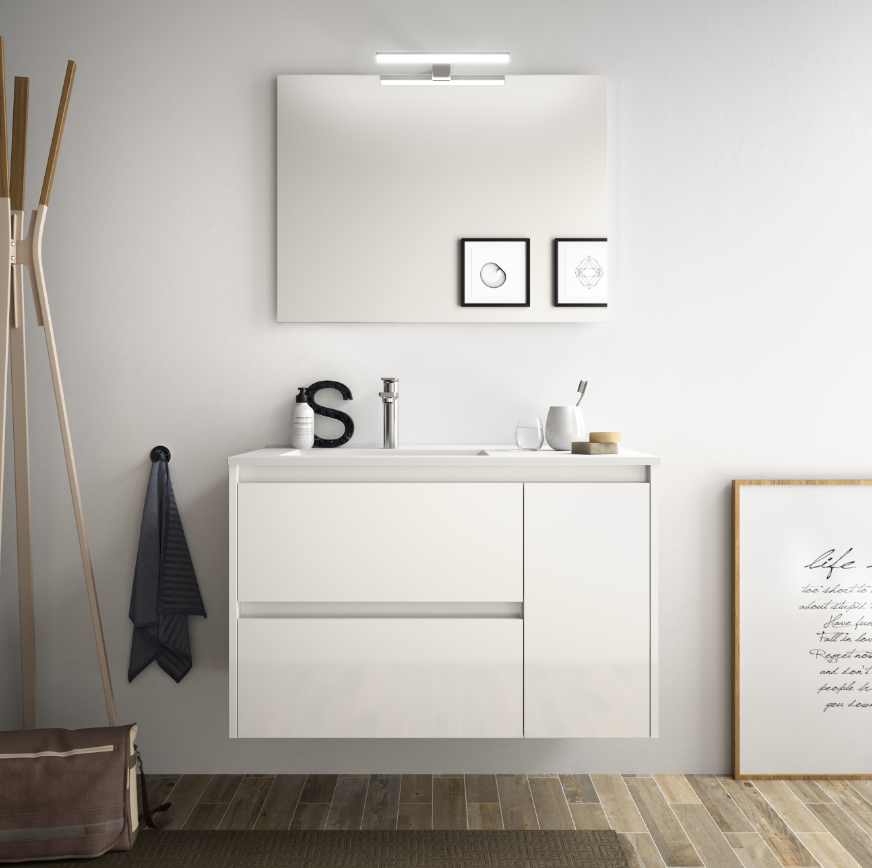 CAESAROO Meuble de salle de bain suspendu 85 cm Blanc laque avec lavabo en porcellain à encastrer   Avec miroir et lampe LED