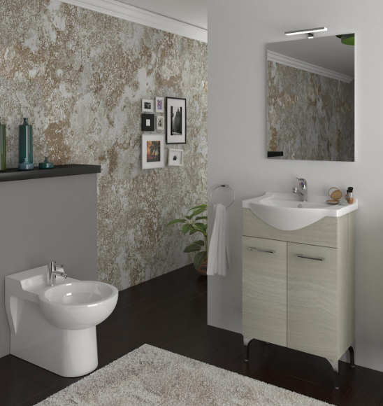 CAESAROO Meuble de salle de bain sur le sol 65 cm Ambra Roble Gris avec Lavabo en céramique   Avec miroir et lampe LED - 65 cm - Chêne Gris