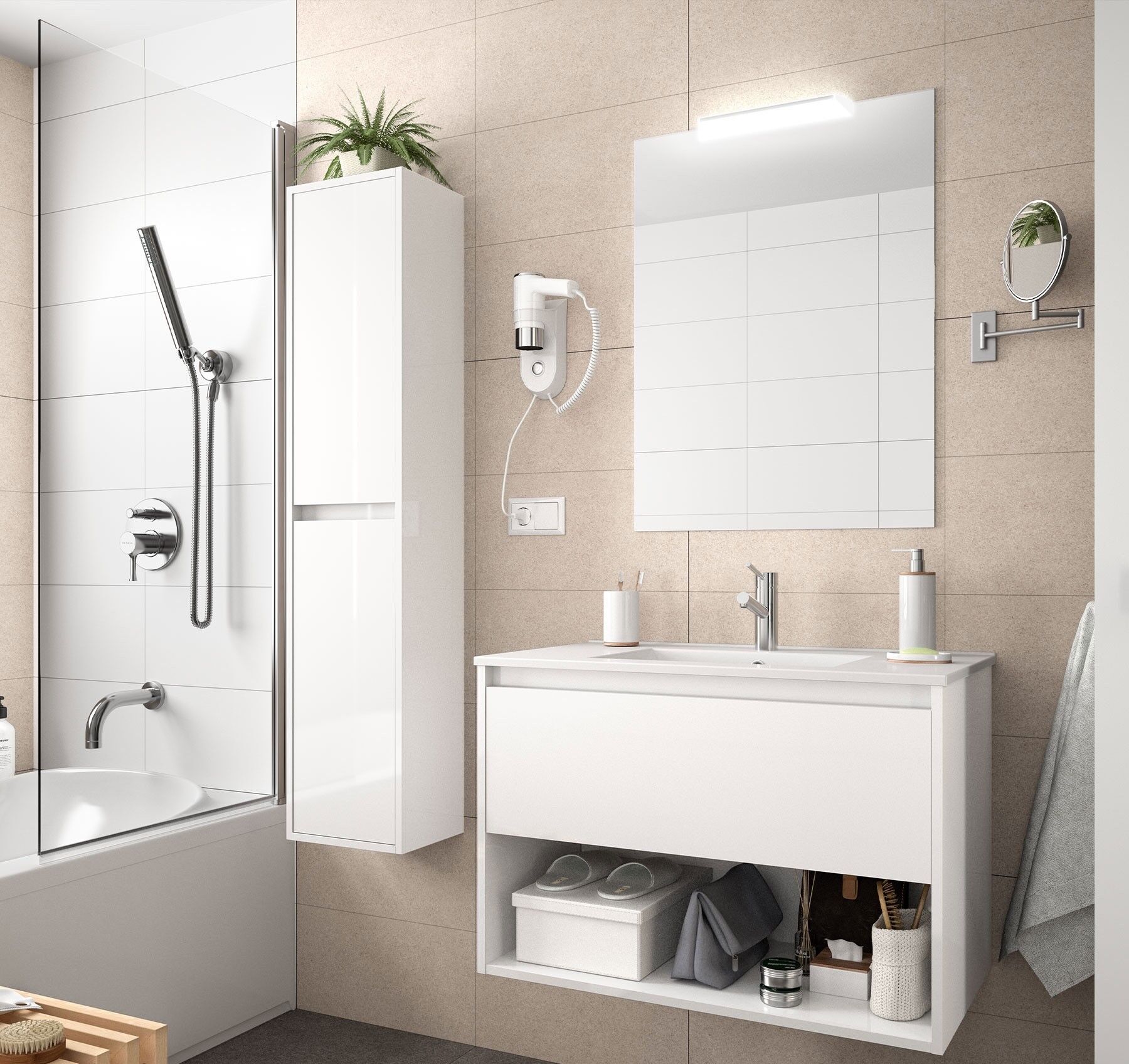 CAESAROO Meuble de salle de bain suspendu 60 cm Blanc brillant avec un tiroir et un espace   60 cm - Avec double colonne, miroir et lampe à LED
