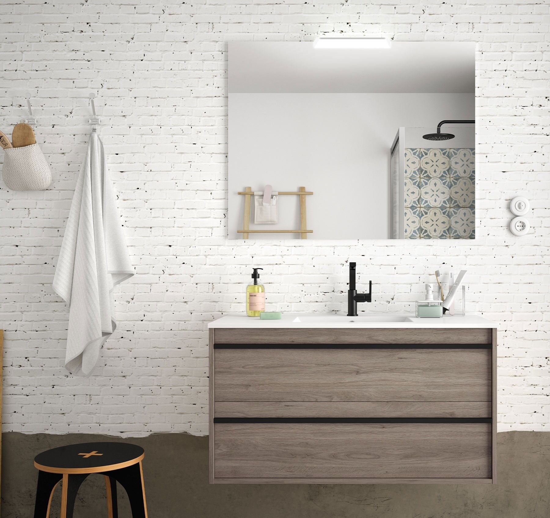 CAESAROO Meuble de salle de bain suspendu 100 cm Nevada en bois couleur chêne eternity avec lavabo en porcelaine   100 cm - Standard