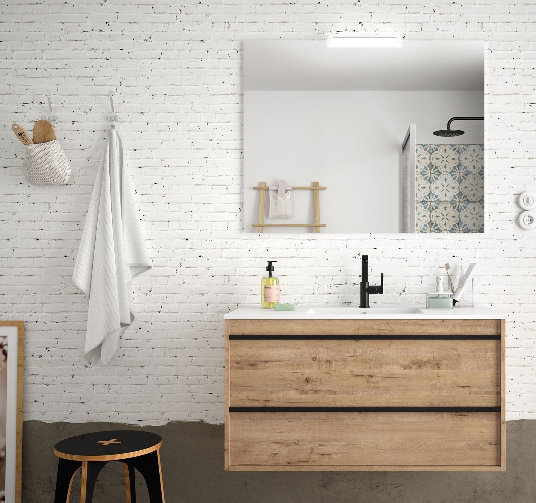 CAESAROO Meuble de salle de bain suspendu 100 cm Nevada en bois couleur chêne ostippo avec lavabo en porcelaine   100 cm - Avec colonne, miroir et lampe LED