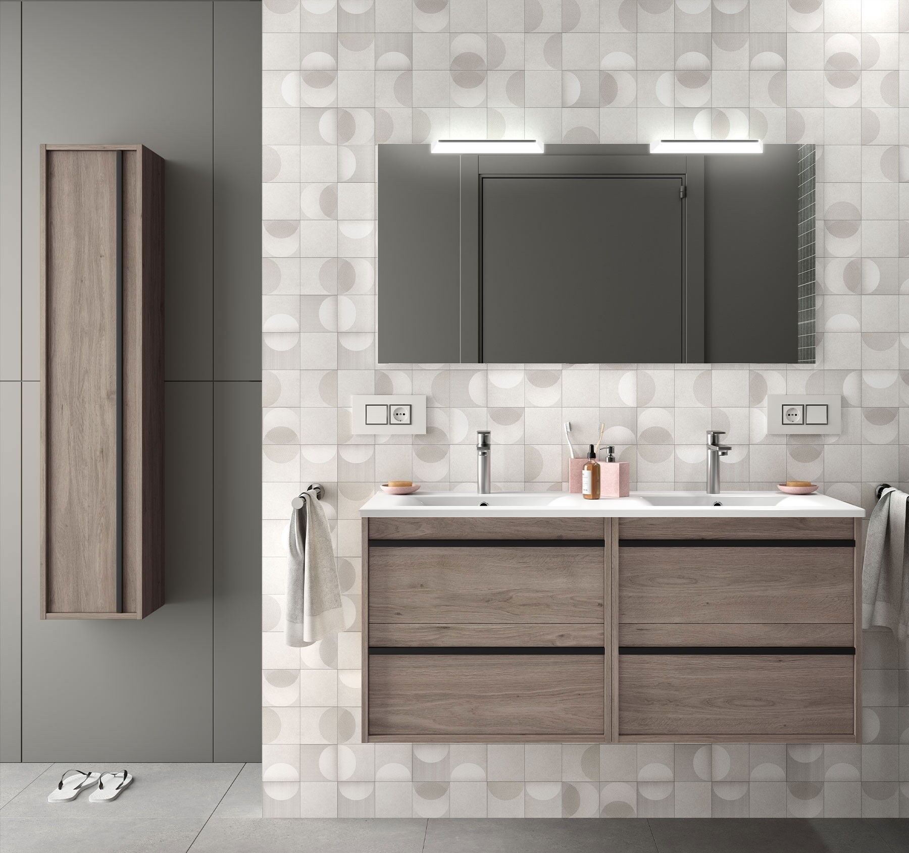 CAESAROO Meuble de salle de bain suspendu 120 cm en bois couleur chêne eternity avec lavabo en porcelaine   Avec miroir, double colonne et double lampe LED