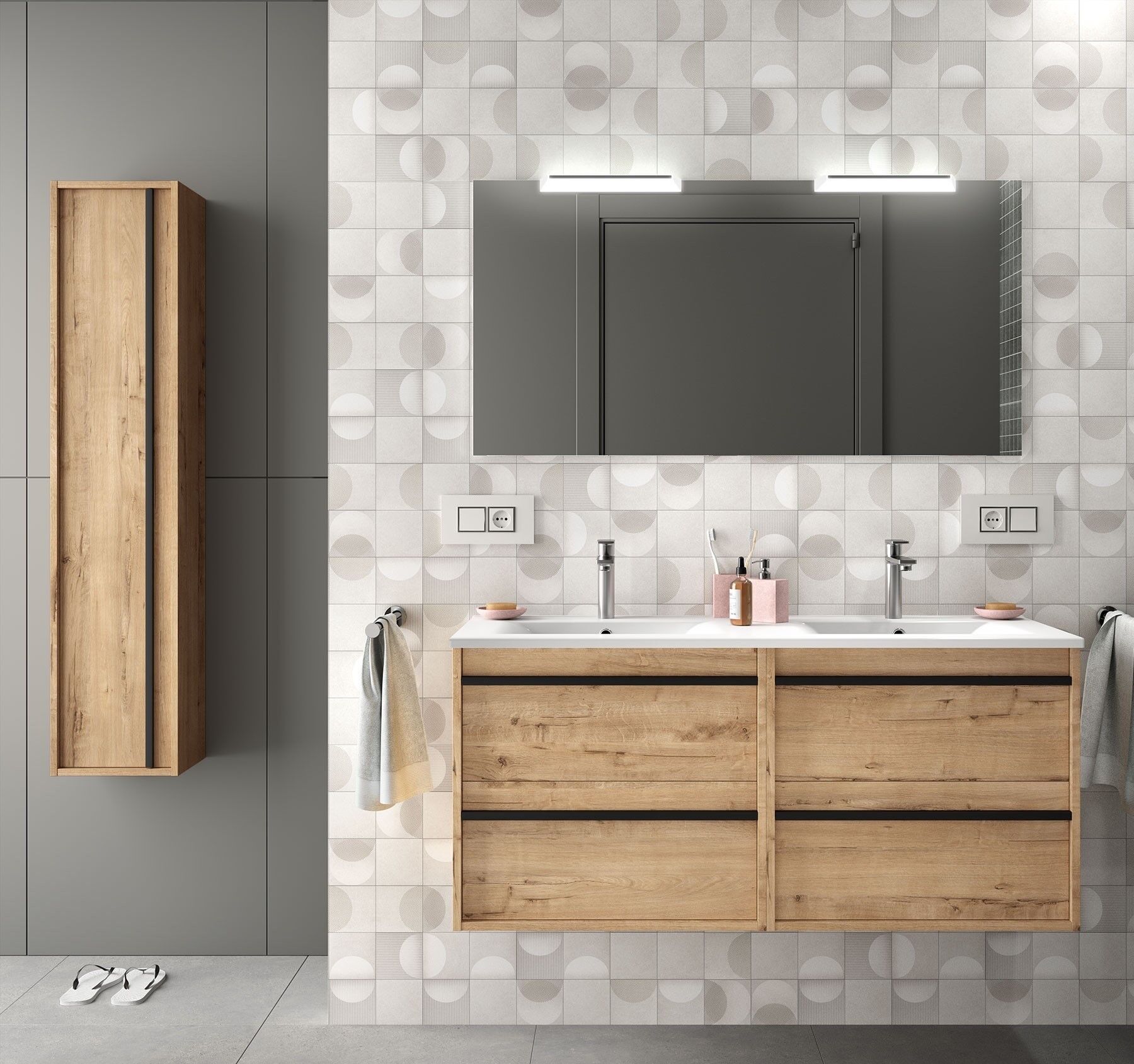 CAESAROO Meuble de salle de bain suspendu 120 cm en bois couleur chêne claire avec lavabo en porcelaine   120 cm - Avec double miroir et lampe LED