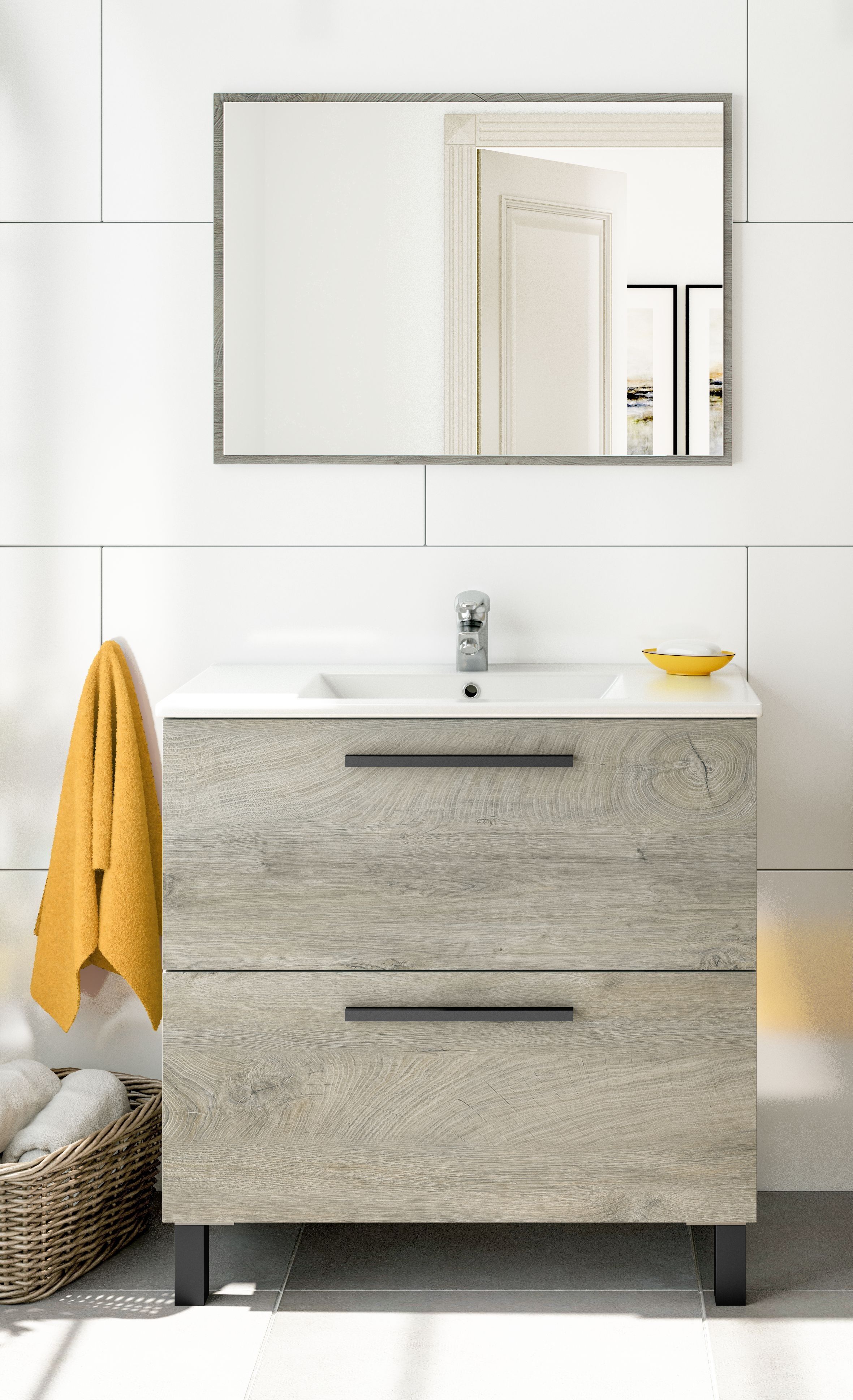CAESAROO Meuble de salle de bain sur le sol 80 cm Chêne avec lavabo et miroir    Chêne clair - Avec lampe Led