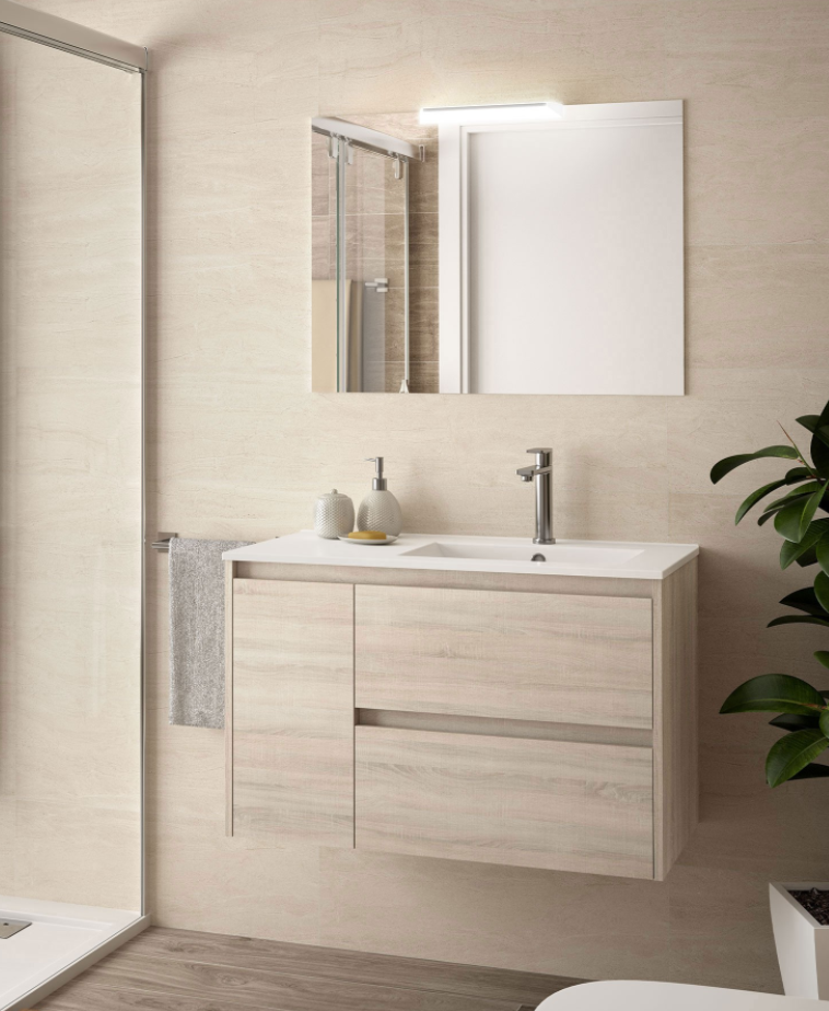 CAESAROO Meuble de salle de bain suspendu 85 cm marron Caledonia avec lavabo vasque à droite   Avec miroir et lampe LED