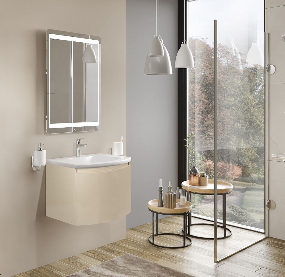 CAESAROO Meuble de salle de bain suspendu 60 cm Venere en bois Crème avec Lavabo en céramique et miroir   60 cm - Standard