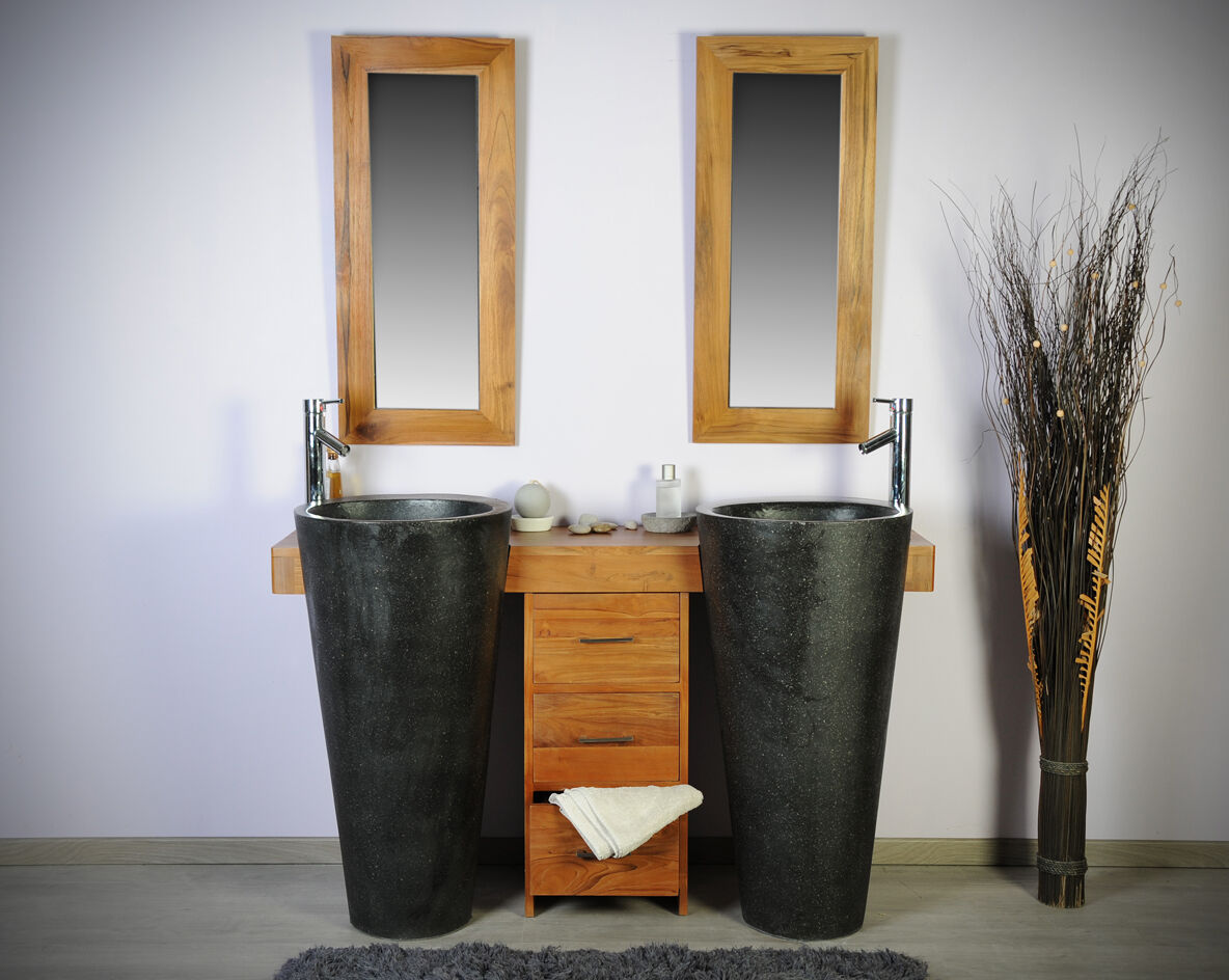 Saniteck Meuble de salle de bain en teck 140 avec tiroirs et vasques noires - Cleopatra