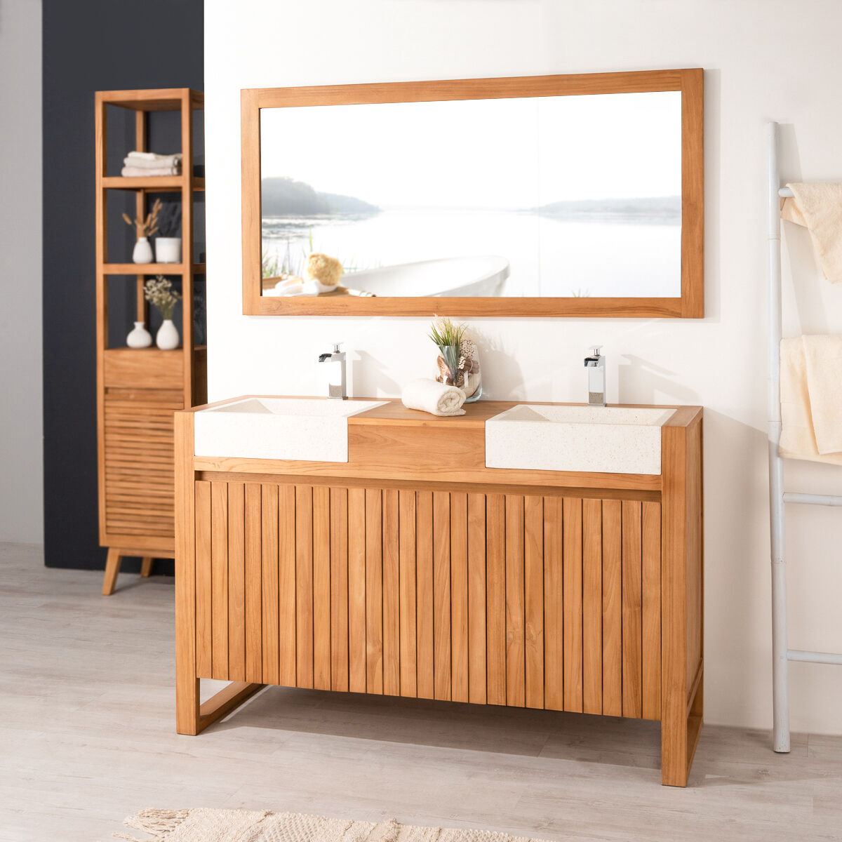 Wanda Collection Meuble en teck et vasques de salle de bain LUXE 140 crème