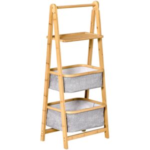 Homcom Scaffale Salvaspazio a 3 Ripiani in Bambù, Mobiletto Bagno Pieghevole con 2 Cassetti in Tessuto Grigio, 44.5x33x108cm