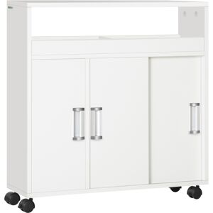 Kleankin Mobiletto Bagno con Porte Scorrevoli, Ripiano Regolabile e 4 Ruote in Truciolato e Lega di Alluminio, 70x20x71cm, Bianco