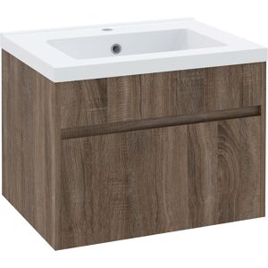 Kleankin Mobile Lavabo da 60cm con Cassetto in Legno e Lavandino in Ceramica, Marrone Chiaro