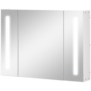 Kleankin Armadietto Specchiera da Bagno con 3 Armadietti, 3 Ripiani e Luce LED, 90x15x65 cm, Bianco