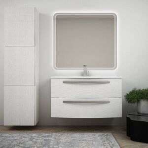 BH Mobile bagno bianco frassino sospeso moderno 100 cm con lavabo ceramica specchio retroilluminato e colonna Mod. Berlino