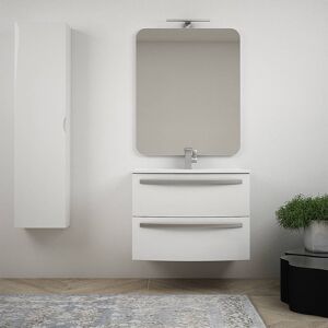 BH Mobile bagno bianco lucido sospeso curvo da 75 cm con specchio lavabo di ceramica e colonna da 140 cm Mod. Berlino