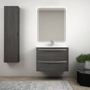 BH Mobile bagno sospeso curvo moderno da 75 cm grigio scuro venato con specchio LED lavabo ceramica e colonna da 140 cm Mod. Berlino