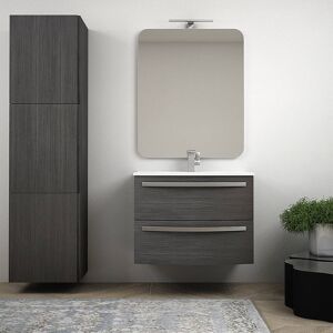 BH Mobile bagno moderno sospeso curvo 75 cm grigio scuro venato specchio lavabo ceramica e colonna 170 cm Serie Berlino