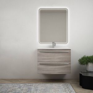 BH Composizione bagno moderna sospesa da 75 cm curva finitura larice con lavabo in ceramica e specchio LED Mod. Berlino