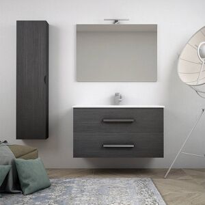 BH Mobile bagno sospeso moderno 100 cm grigio scuro venato con colonna specchio lampada LED e cassettoni soft close