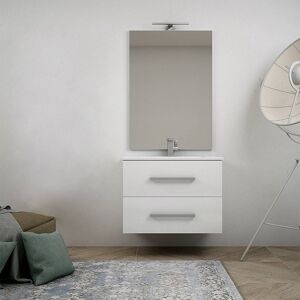 BH Mobile bagno bianco lucido sospeso moderno 75 cm con specchio lampada LED e cassettoni soft close