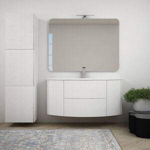 BH Composizione bagno Bianco frassino sospeso 120 cm con grande colonna cassettoni soft close specchio lampada LED