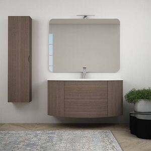 BH Composizione bagno 120 cm rovere scuro sospeso con colonna specchio lampada LED e cassettoni soft close