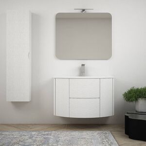 BH Composizione bagno curva Bianco frassino sospesa moderna 90 cm con colonna specchiera e 2 cassettoni soft close