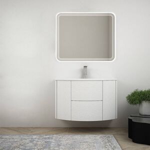 BH Mobile da bagno Bianco frassino sospeso moderno 90 cm con specchiera LED e cassettoni soft close