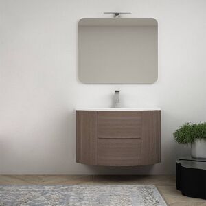 BH Mobile bagno rovere scuro sospeso 90 cm con specchio lampada LED e cassettoni soft close