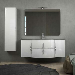 BH Mobile da bagno bianco lucido sospeso 140 cm ad onda con cassettoni soft close specchio applique LED e colonna