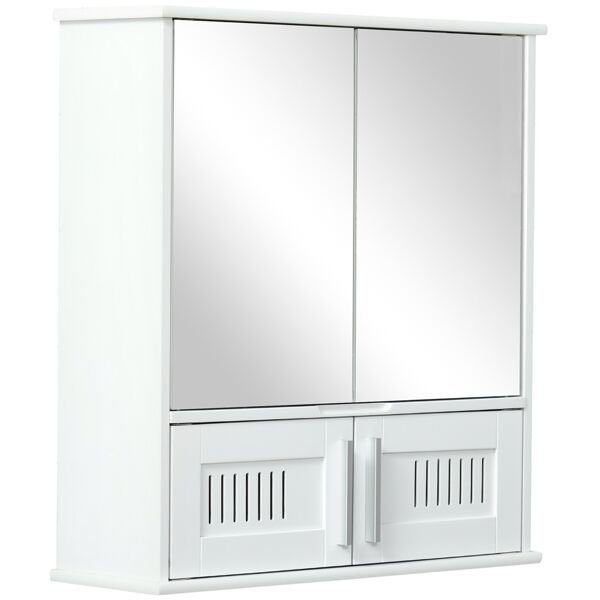 kleankin armadietto pensile con antine a specchio, mobiletto bagno da muro in legno, 55x17.5x60cm, bianco