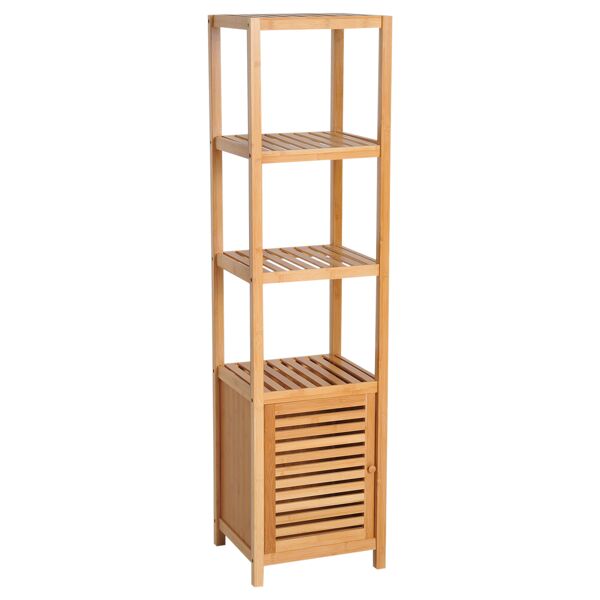 homcom mobile alto bagno/terrazzo, scaffale a torre in bambù 4 ripiani + armadietto con anta, 36x33x140cm, color legno