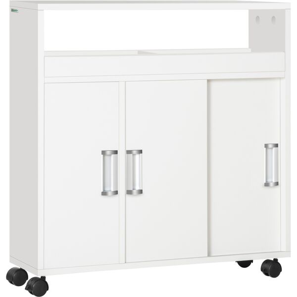 kleankin mobiletto bagno con porte scorrevoli, ripiano regolabile e 4 ruote in truciolato e lega di alluminio, 70x20x71cm, bianco