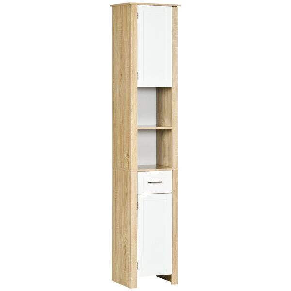 kleankin mobile bagno alto in truciolato con un cassetto, 2 armadietti e 2 ripiani aperti regolabili, 37x30x184 cm, bianco e color legno