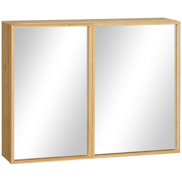 kleankin specchiera da bagno in bambù e vetro con 3 ripiani, 2 ante e montaggio a muro, 65.2x14x50 cm, color legno