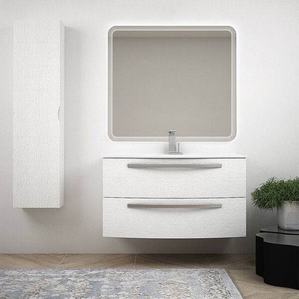 bh mobile bagno sospeso bombato bianco frassino 100 cm con colonna specchio led e lavabo in ceramica mod. berlino