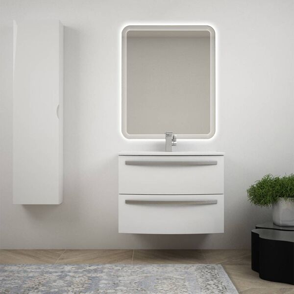 bh mobile bagno sospeso curvo 75 cm bianco lucido in lavabo ceramica colonna 140 cm e specchio led mod. berlino