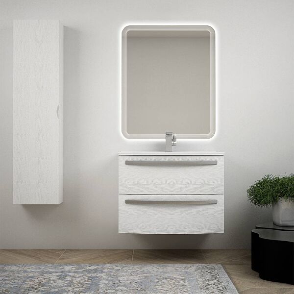 bh composizione bagno 75 cm sospesa curva frassino bianco con specchio led lavabo ceramica e colonna 140 cm mod. berlino