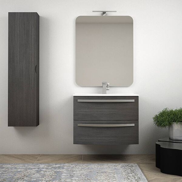 bh mobile bagno da 75 cm sospeso curvo grigio scuro venato con colonna specchio e lavabo in ceramica mod. berlino