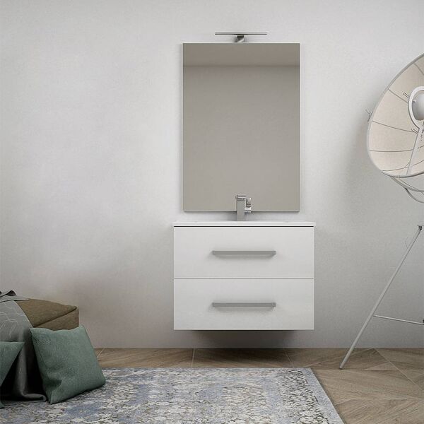 bh mobile bagno bianco lucido sospeso moderno 75 cm con specchio lampada led e cassettoni soft close