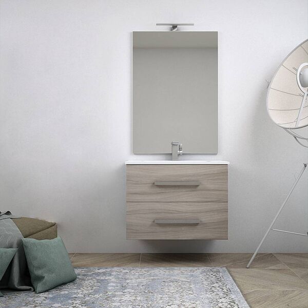 bh mobile da bagno moderno sospeso 75 cm finitura larice con specchio lampada led cassettoni soft close