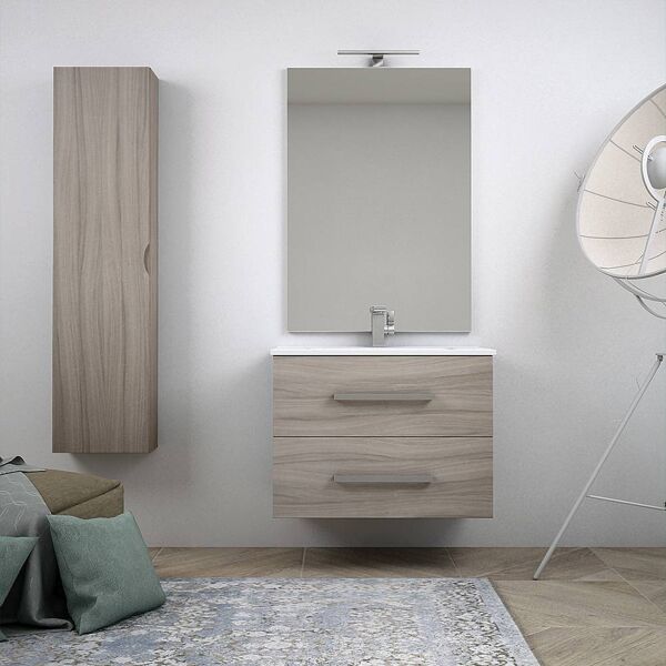 bh mobile da bagno sospeso moderno 75 cm finitura larice con colonna specchio lampada led cassettoni soft close