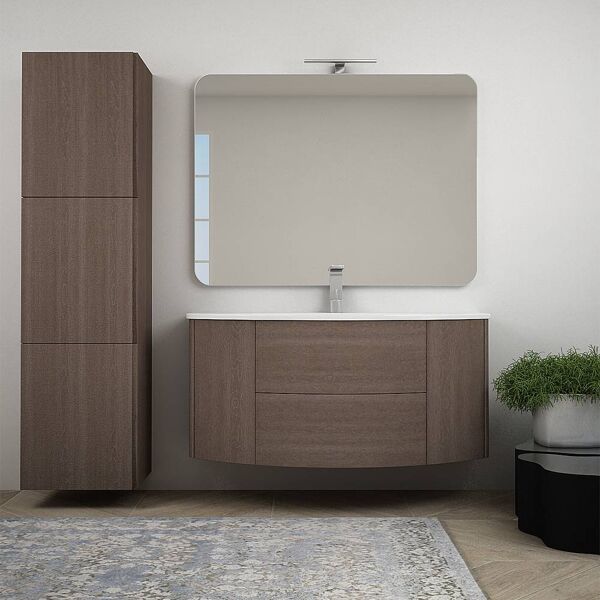 bh mobile bagno rovere scuro sospeso 120 cm con colonna 170 cm specchio lampada led e cassettoni soft close